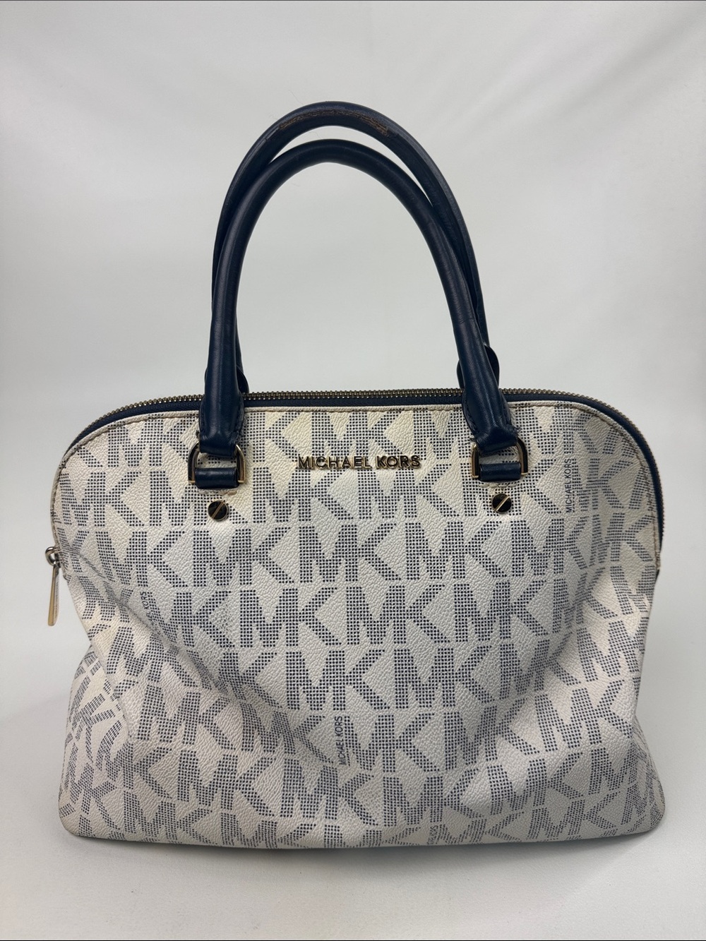 MICHAEL Michael Kors Creme and Navy Blue MK Signature Satchel bag